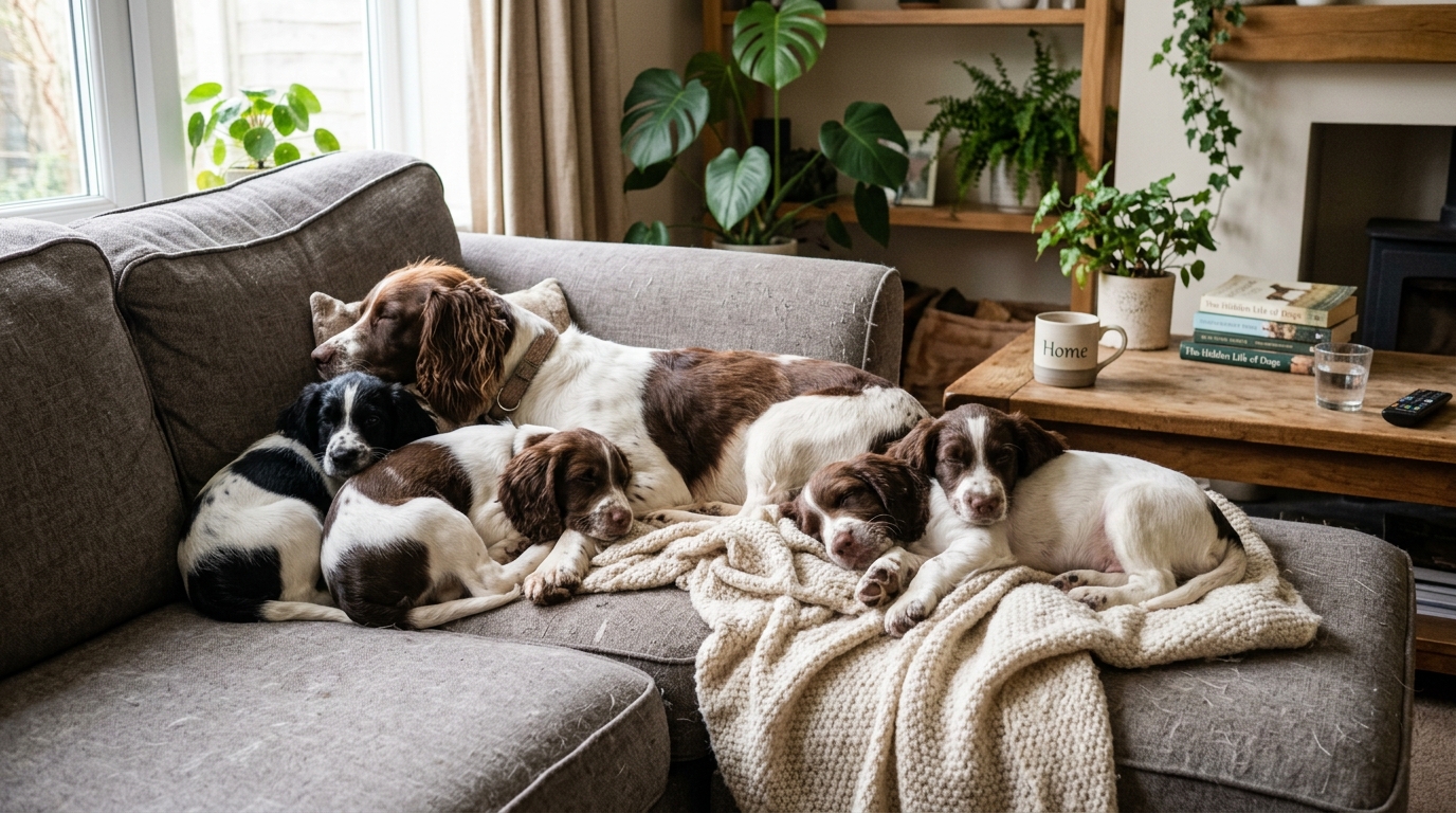 English Springer Spaniel puppies and mom lounging naturally on a sofa